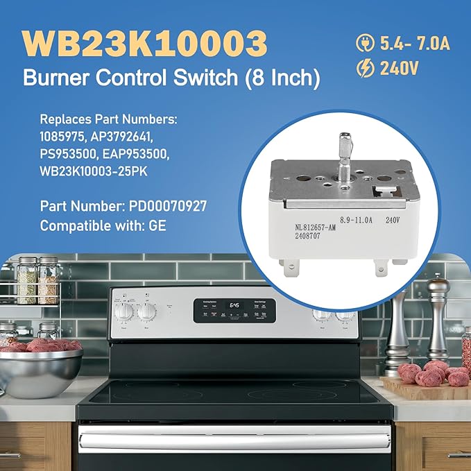 WB23K10003 Burner Control Switch (8 Inch) Replaces Parts: 1085975, AP3792641, PS953500, EAP953500, WB23K10003-25PK Compatible with GE