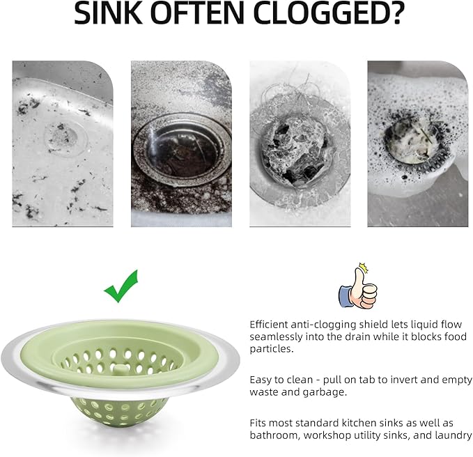 2 PCS Kitchen Stainless Silicone Sink Strainer, 4.5 inch Diameter… (Light Green)