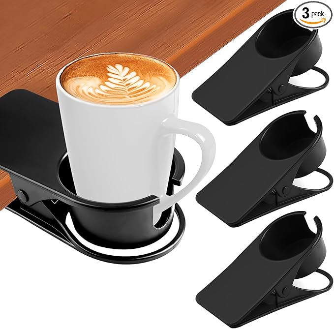 3PCS Drinking Cup Holder Clip Kalolary Chair Desk Bottle Cup Stand DIY Glass Clamp Storage Saucer Clip with Groove for Potted Plant Beverage Coffee Mug Holder Clip for Home & Office (Black)