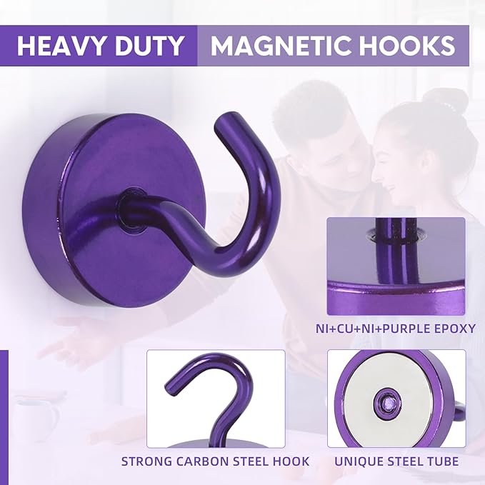Neosmuk Magnetic Hooks, Cruise Ship Essentials, 40lb+ Heavy Duty Magnetic Hooks for Cruise Cabins, Refrigerator, Grill, Hanging, and Travel | Extra Strong Must-Haves Magnet Hook,Purple,Pack of 5