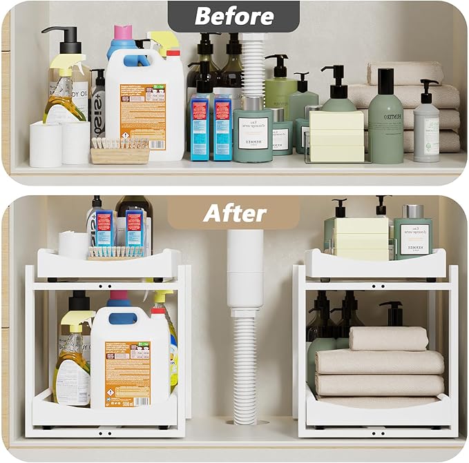 Wisuce Essentials Bamboo Under Sink Organizer Adjustable Height 2 Tier Bathroom Organizer Pull Out Cabinet Storage Kitchen Heavy Duty Wood Slide Out Shelf for Kitchen Bathroom (White, 2 Packs)