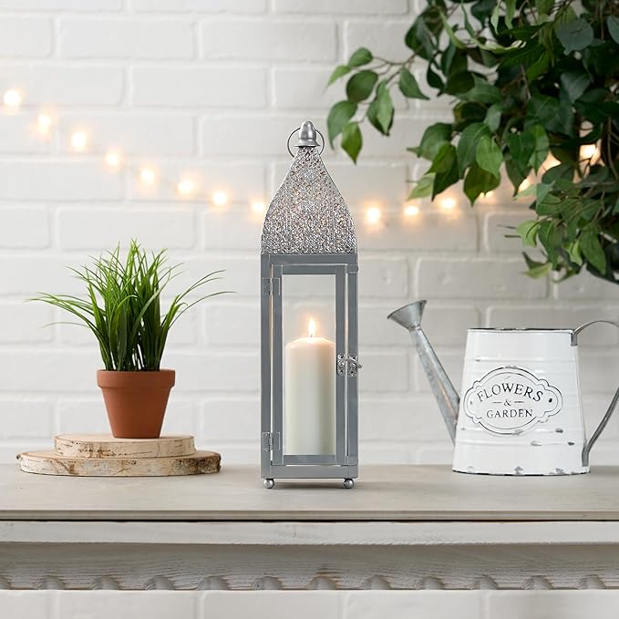 Zingz & Thingz Moroccan Style Candle Lantern Holder, Decorative Light Home Decor, Indoor & Outdoor, 15.25" Tall, Silver