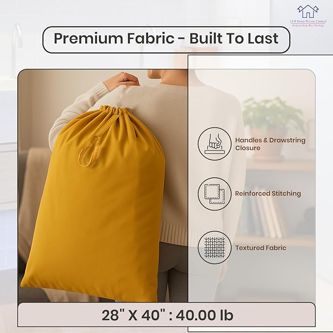 LFH Home Large Premium Cotton Canvas Laundry Bag with Drawstring and Handles Heavy Duty, Multi-Use, and Washable for Home, Travel, College or Storage 28x40 (Pack of 2)-Yellow