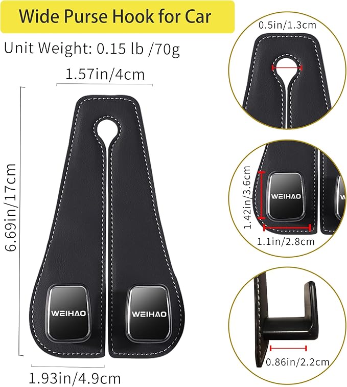 WEIHAO Wide Purse Hook for Car, Twin Hook Leather Car Headrest Hangers, Car Seat Back Storage Hook, Headrest Hooks Purse Bag Holder for Car Universal Fit Sedan Trucks SUVs Most Vehicles (Black-1PC)