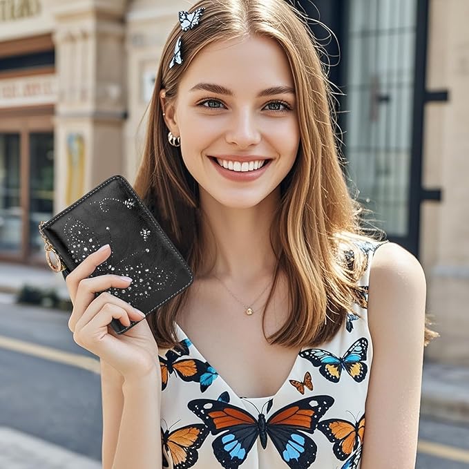 Women RFID Blocking Small Bifold Wallet, Compact Cash Clutch with Zipper Coin Pocket, Glittery Butterfly Design, Credit Card Holder, Travel Purse with Tassel BLACK