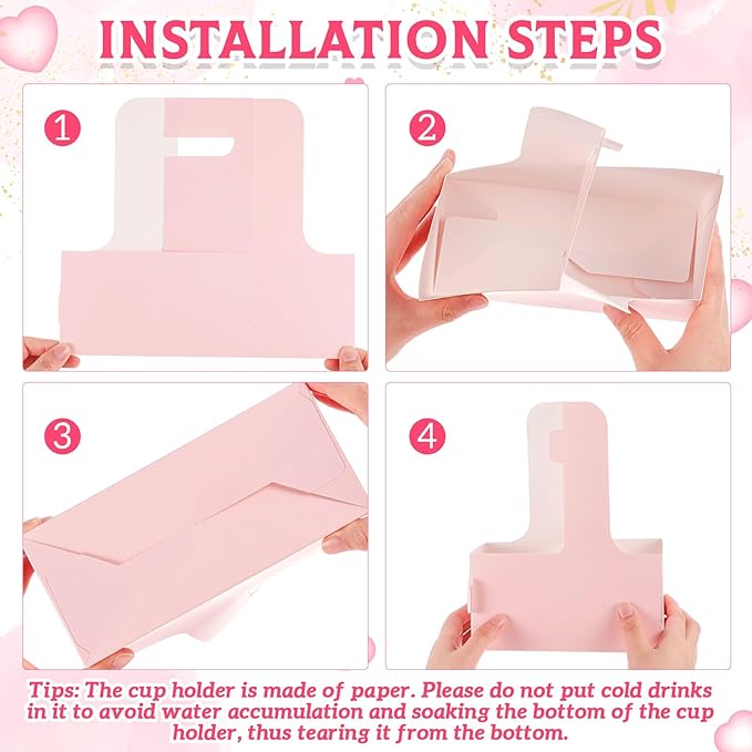 MotiMind 8 Pack 2 Cup Drink Carrier with Handle Kraft Paperboard Cup Holder Portable for Mother's Day Teachers' Day for Hot Cold Drinks Coffee Caddy with Heart Card Rope (Pink)