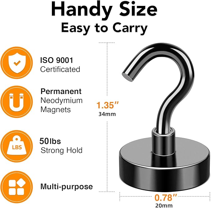 MIKEDE Magnetic Hooks, 50LB+ Heavy Duty Magnet Hooks for Cruise Cabins, Super Neodymium Hanging Hooks Black Strong Magnets with Hook for Fridge, Magnetic Hanger for Grill, Toolbox - Pack of 4