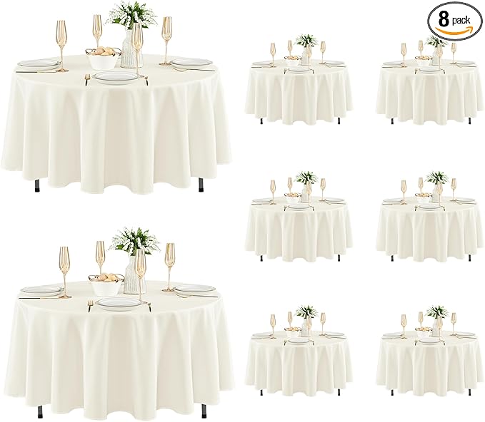Fitable 8 Pack Round Tablecloths: Stain Resistant Wrinkle Free Circle Table Clothes, Washable Reusable Polyester Table Covers for Wedding Party Birthday Banquet Reception(Ivory, 84 Inch)