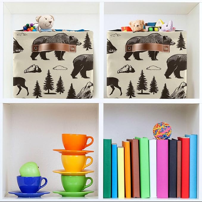Aslsiy Storage Vintage Deer Bear Moose Nursery Bins National Park Baby Box Canvas Clothes Shelf Basket Laundry Hamper Gift for Home Closet 2 Pcs