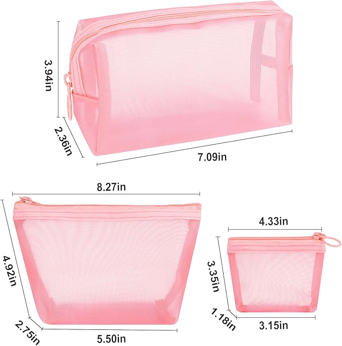 Aosbos 3-Pack Mesh Cosmetic Bag Set - Travel/On-The-Go Makeup Storage, Zipper Closure Small Pouch