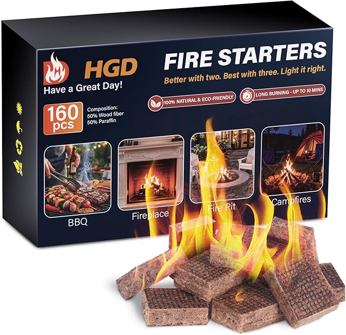 HGD Fire Starter, 160 Mini Square, Natural Fire Starters for BBQ, Campfire, Fireplace, Charcoal, Wood Stove, Chimney, Fire Pit, Grill, Smoker, Indoor Outdoor Use