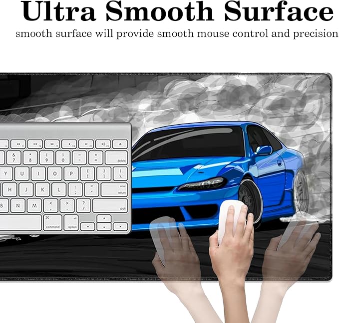 White Blue Cars Desk Pad, Stitched Edges Mouse Pad, Large Office Desk Mat, Non-Slip Gaming Mouse Pad, Laptop Desk Pad, Desk Writing Pad for Office and Home