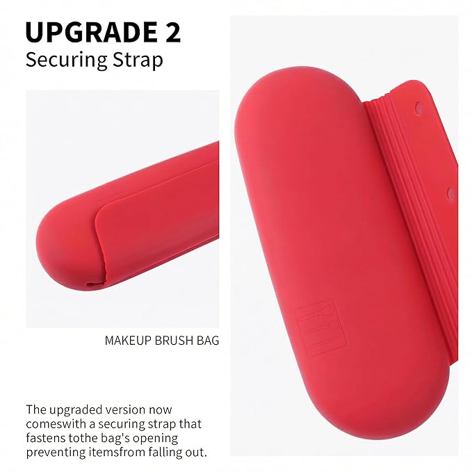AGIKET Silicone Makeup Brush Holder Travel Cosmetic Bag：Soft Portable Cosmetic Face Brushes Holder with Upgrade Anti-Fall Out Magnetic Closure, Large Travel Makeup Brush Case - Carmine