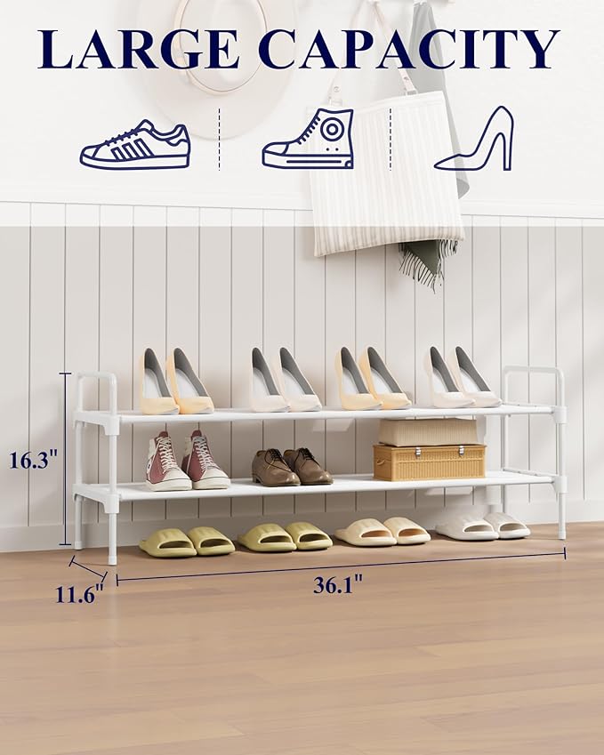 Kitsure Shoe Rack - 2-Tier Long Shoe Organizer with Handles & Non-Slip Feet, Rust-Resistant Metal Shoe Rack for Closet, Entryway, Bedroom, Living Room, 36.1" Wide - 2 Tiers, White