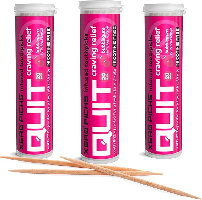 Xero Picks Quit Infused Flavored Toothpicks to Help Quit Smoking (Pack of 3), Bubble Gum) Non-GMO Kosher Vegan