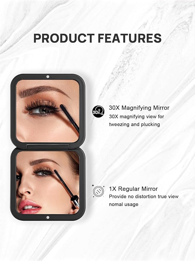 OMIRO Folding Compact Mirror, 1X/30X Magnification 3½” Pocket Size Square Hand Mirror for Travel Makeup (Black)