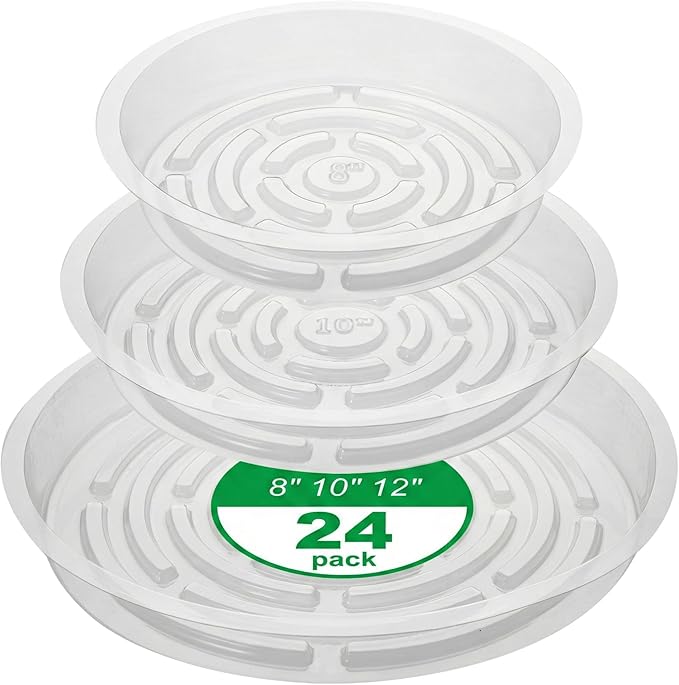 CATIFLIN 24 Pack Clear Plant Saucers - 8, 10, 12 Inch Plastic Plant Trays for Pots, Flower Pot Saucers, Indoor & Outdoor Planter Drip Tray for Water Drainage & Protection