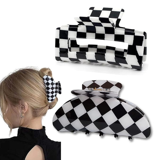 Womens Checkered Hair Clip Large Checkered Claw Clips Black And White Jaw Clip,2pack