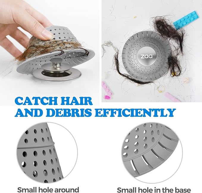 zaa Bathtub Drain Hair Catcher, Premium Silicone Shower Hair Catcher, 1 Pack Collapsible Hair Stopper for Pop-Up and Regular Drains of Showers, Bathtubs, Bathroom Sinks, Bathroom Fixture Accessories, Gray