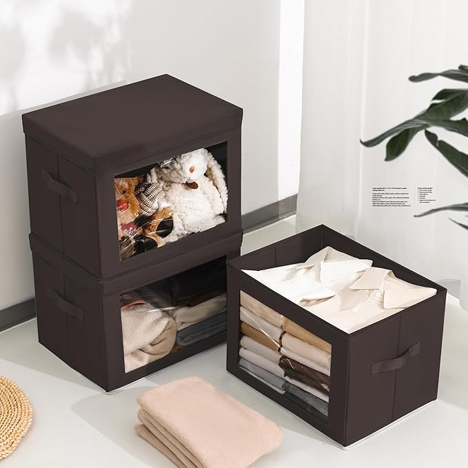 Stackable Storage Bins with Lids - Large Storage Box with Lids, Foldable Closet Boxes for Organizing, Wardrobe Clothes Organizer with Window, Cube Bins for Living Room, 4 Pack, Brown