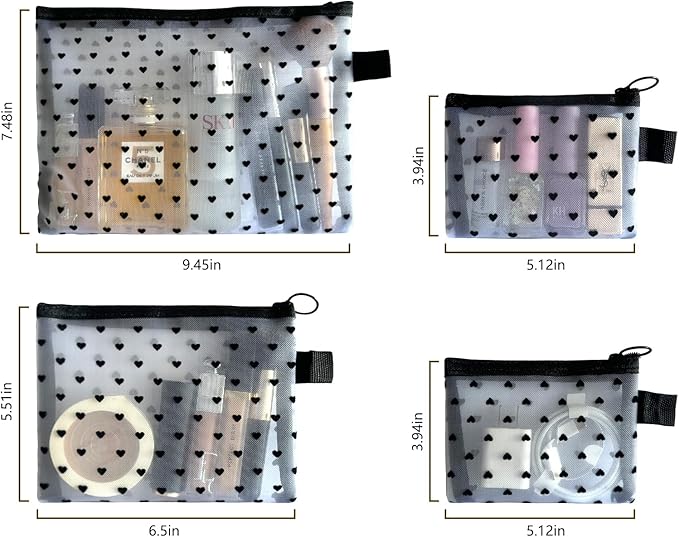 4-Piece Heart Printed Mesh Makeup Bag Set, Portable Travel Mesh Cosmetic Bags Toiletry Bags Makeup Purse Bags Mesh Zipper Storage Pouches for Home Offices Travel Accessories (White)