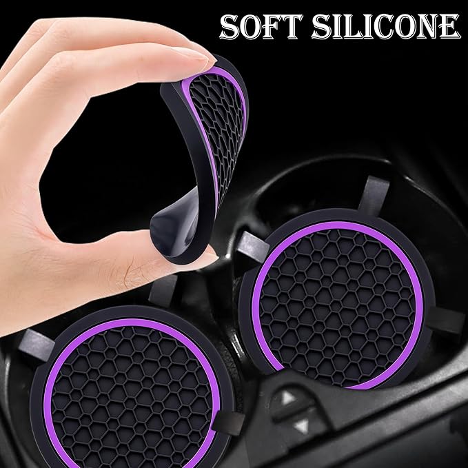 2-Piece Anti-Slip Car Cup Coaster Set – 2.75 Inch Auto Insert Drink Mats, Perfect for Coffee & Beverages – Stylish Interior Decor for Women & Girls (Black & Purple)