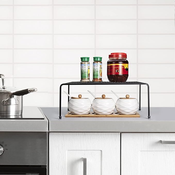 Lonian Kitchen Cupboard Organiser [ 2 Pack ], Home and Kitchen Storage Shelf Wire Rack for Kitchen Cabinets, Counter-Tops, Pantries, Food and Utensils (Black)