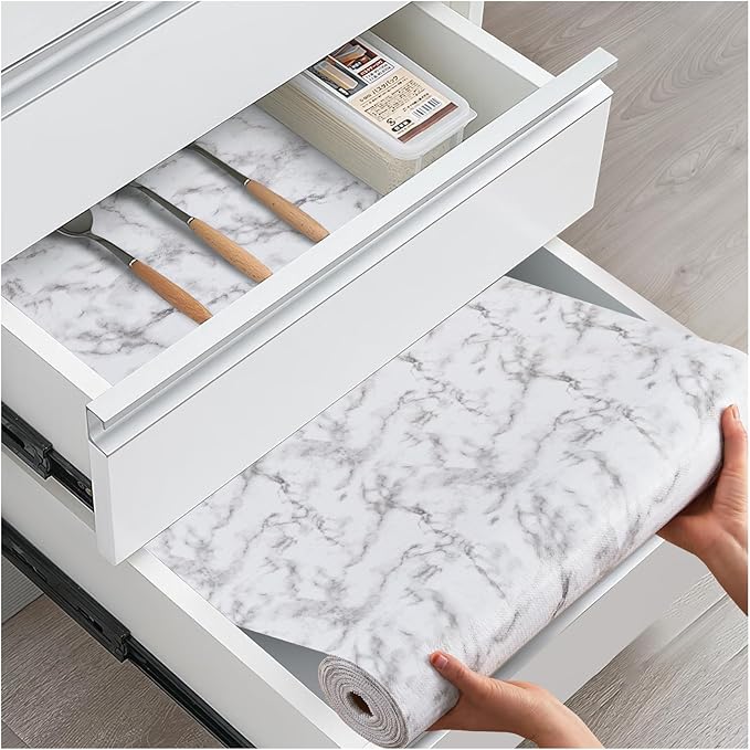 Drawer and Shelf Liner, Non-Slip Kitchen Cabinet Liners Non-Adhesive Thick Strong Grip Waterproof Washable Mats Protect Dresser Shelves Cupboard Bathroom Cabinets, White Marble, 24 in X 10 FT