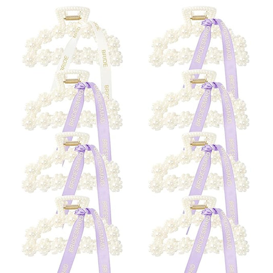 DEEKA Bridesmaid Proposal Gifts 8 Pack Pearl Bridesmaid Hair Claw Clips with Ribbon 3 Inch Hair Clips Bachelorette Party Favors Bridal Party Present Hair Accessories (Half Circle White&Purple)