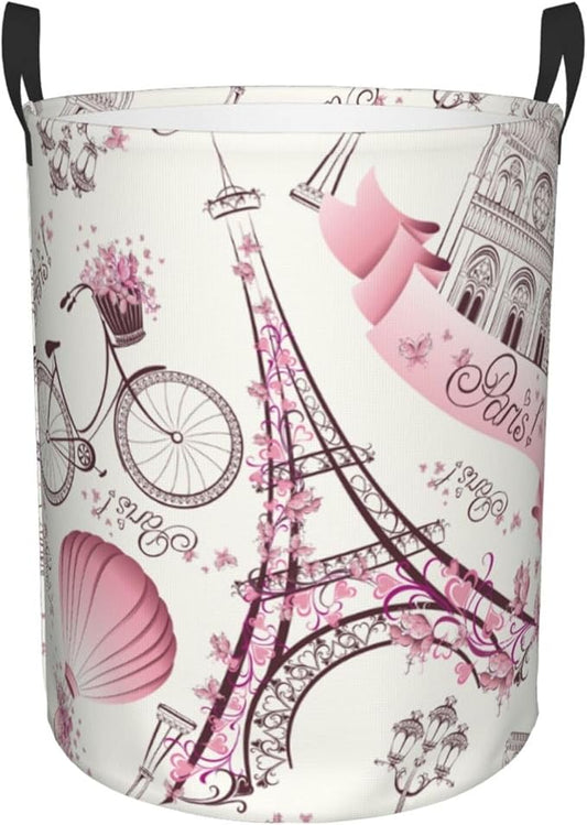 Paris Eiffel Tower Round Laundry Hamper Storage Basket Toys Clothes Organizer Bin For Home Bathroom Bedroom Dorm Nursery, 62l