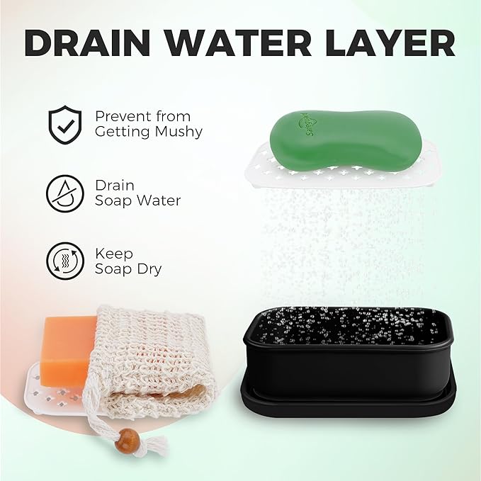 Silicone Soap Holder， Enhanced Leak-Proof Travel Soap Case with Draining Layer，Portable Bar Soap Holder, Travel Soap Container with Soap Bag, Soap Dishes for Bathroom/Camping/Gym (Black)