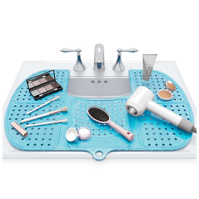 Sink Topper Bathroom Counter Cover & Storage Saver, Foldable Silicone Mat for Hot Tools, Hair Styling & Makeup, Beauty Brush Cleaning Mat, RV Camper Sink Cover & for Small Spaces (Large Pacific Blue)