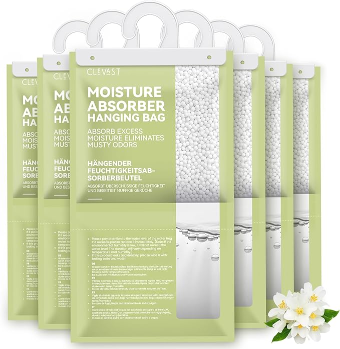 CLEVAST Moisture Absorbers Packets - 15.2 OZ, 6 Pack Large Dehumidifier Bags for Closet, Hanging Humidity Absorber in Wardrobes, Bedrooms, Bathrooms - Jasmine Scented