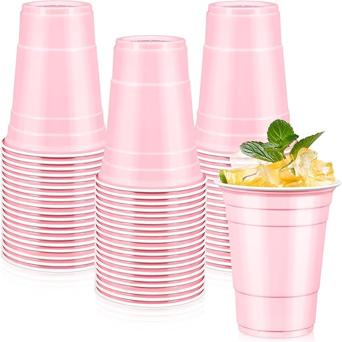 LANLISA 50 Light Pink Plastic Cups, 16 oz Disposable Cups, Drinking Cups For Birthday Party, Valentines, Baby Shower, Easter Party, Mothers Day