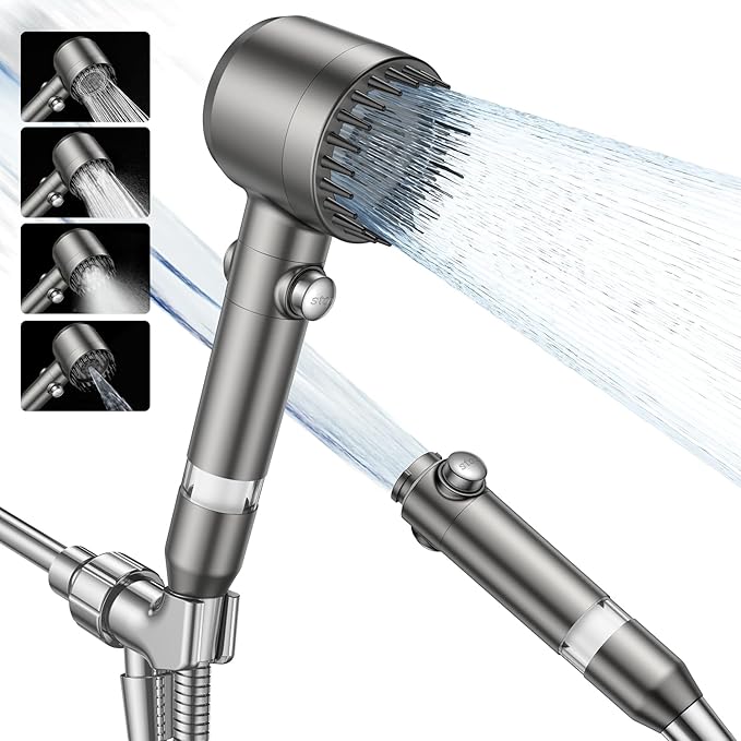 JOMST Filtered Shower Head with Handheld,High Pressure Shower Head 4 Spray Modes,ShowerHead with ON/OFF Switch for Pets,Built-in Power Wash to Clean Tub,Shower Heads Combo with Stainless Steel Hose