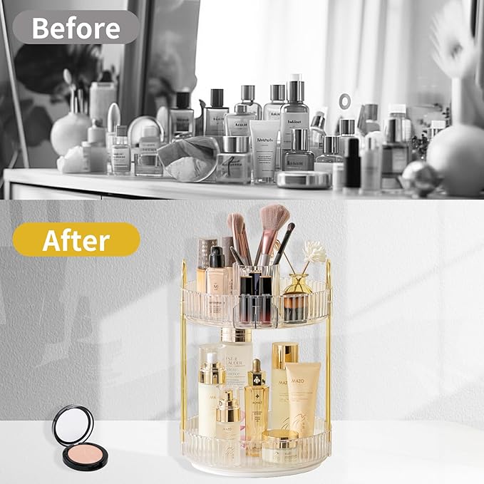 360 Rotating Makeup Organizer, 2 Tier Large Capacity Make Up Organizers and Storage, Skincare Perfume Vanity Organizers, Bathroom Cosmetics Storage Organizer Countertop (Clear)