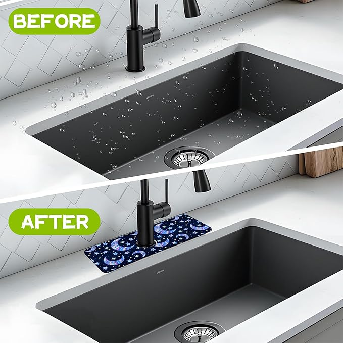 Kitchen Sink Splash Guard Faucet Mat Super Absorbent Fast Drying Mat Guard Behind Faucet Drip Catcher for Kitchen Bathroom (Blue Stars Crescent Moon, 15.5"X5.5")