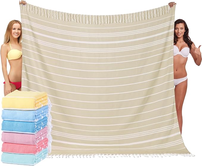 Giant Turkish Beach Towel Blanket 85x75 Cotton XXL Extra Large Oversided Bath Pool Blankets XL Huge Bed Sand Free Throw Towels Picnic Outdoor Big Quilt Necessities Cloud Gifts for Adult Beige