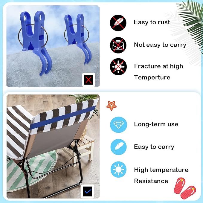 Towel Bands (6 Pack) - Stretch Beach Towel Clips for Beach Cruise Pool Chairs, Lounge Towel Holder Elastic, Cruise Ship Essentials (Blue New)