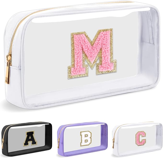 Personalized Initial Letter Clear Makeup Bag, Preppy Small Nylon & PVC Cosmetic Zipper Bag with Chenille Letter, Travel Skincare Toiletry Bag, Monogram Christmas Gift for Teen Girls Women, M