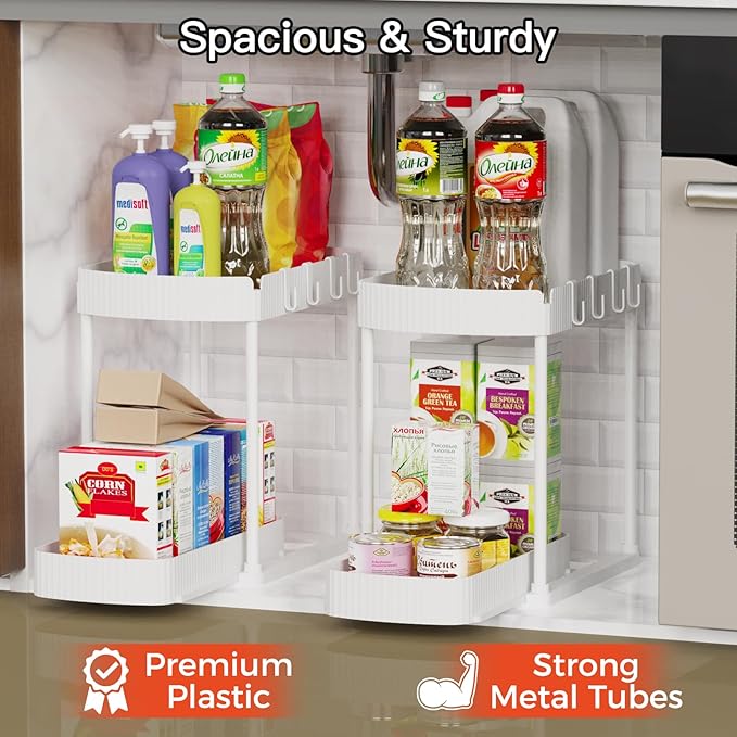 2 Pack Multi-Purpose Pull-Out Storage Organizers, Under Sink Organizers and Storage for Bathroom & Kitchen, Under Cabinet Organizers and storage, 14.8 Inch, White