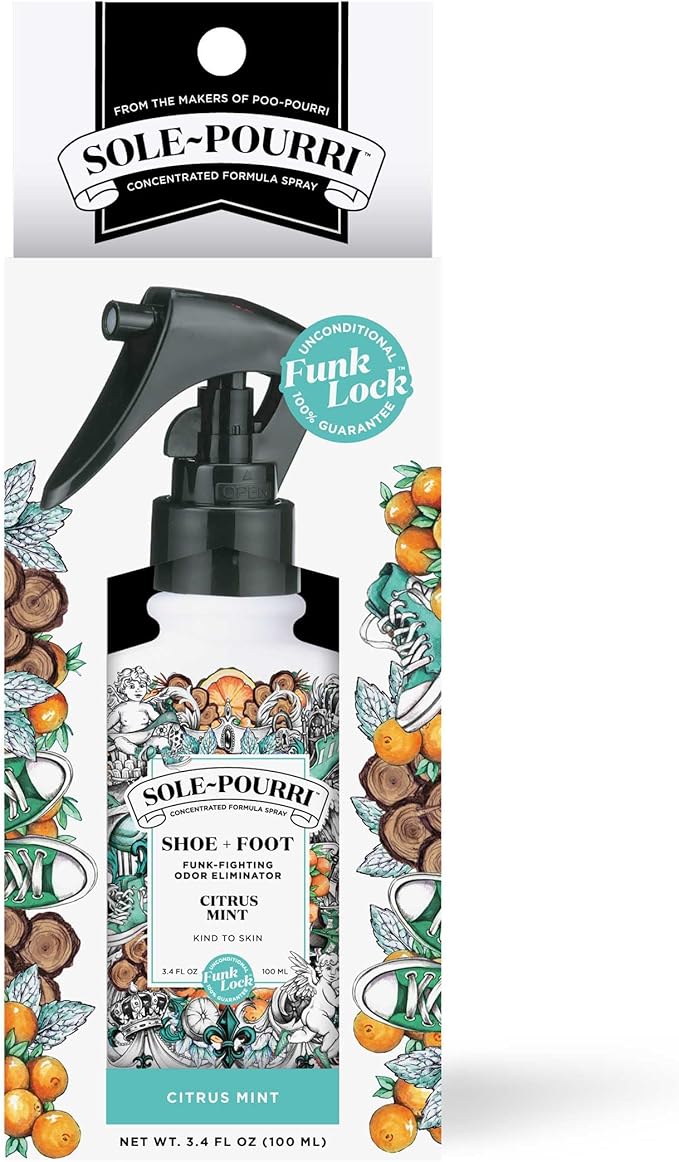 Sole-Pourri Shoe Deodorizer + Foot Spray, 3.4 Fl Oz, Up to 150 Uses, Funk-Fighting Odor Freshener with Essential Oils, for Smelly Shoes, Feet & Gym Bags, Citrus & Mint Scent