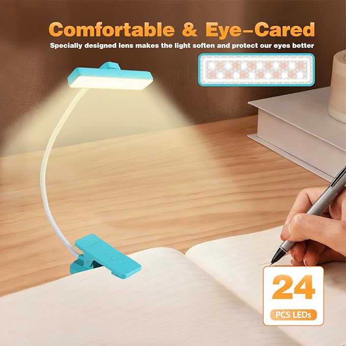 VAVOFO Rechargeable Book Light Rotatable：24 LEDs Reading Light, 3-Color & 9-Brightness Book Lamp, Eye Cared 120Hrs Runtime Lightweight Clip on Led Light for Book Lovers (Blue)