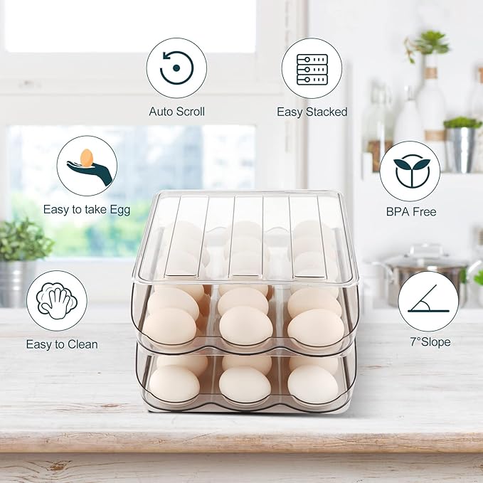 Egg Holder for Fridge, Automatically Rolling Egg Storage Container for Refrigerator, Egg Organizer for Fridge with Lid, Clear Plastic Dispenser, Tray & Box - 3 Layer