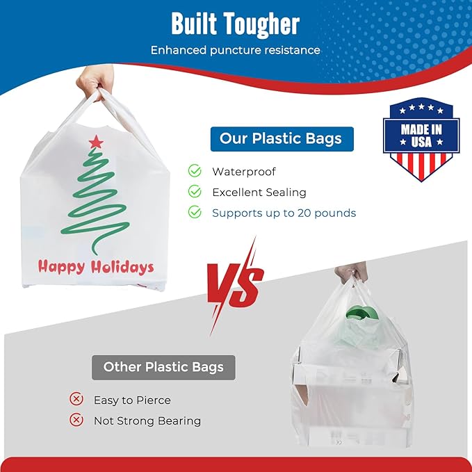 Fuxury 1000 Count - Happy Holiday Plastic T-shirt Bags with Handles (11.5" x 6.5" x 21"), Grocery, Take Out, To Go, Retail Shopping Bags in Bulk for Small Business