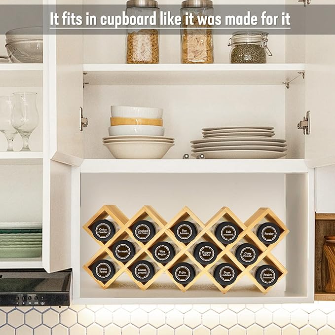 Bamboo Criss Cross Spice Rack Organizer for Cabinet, Wood Seasoning Rack Spice Holder, 18-Jar Spice Rack Tower Spice Storage for Kitchen Countertop Drawer - Jars Not Included