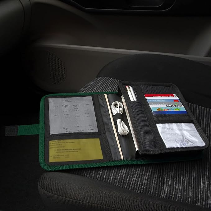 Glove Box Compartment Organizer - Car Document Holder - Owner Manual Case Pouch - Vehicle Storage Wallet for Registration & Insurance Card - Premium Auto Paperwork Holder - Log Book included - Green