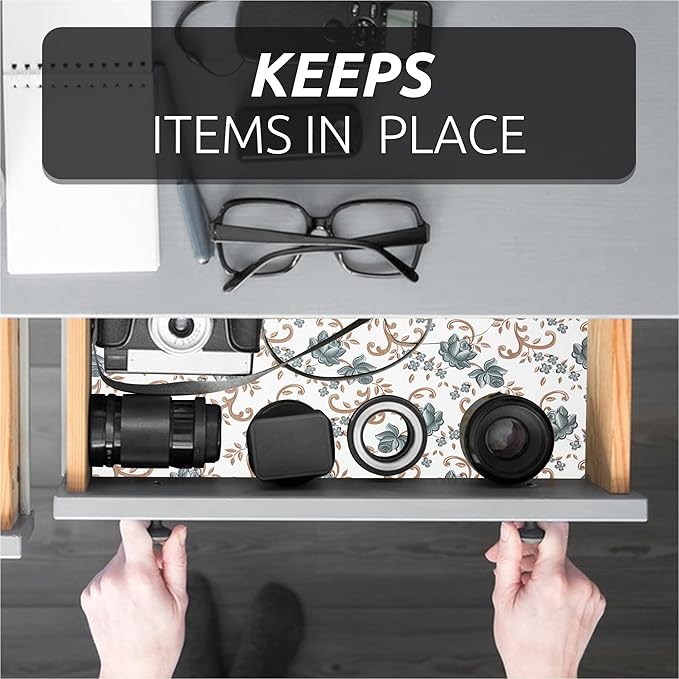 FIFTY FEET 12X120 Inch Shelf Liner for Kitchen Cabinets, PVC Drawer Liner for Dresser Non-Slip Bathroom, Non-Adhesive Cabinet Liner Washable (Black Floral)(10 Roll)