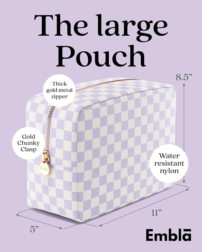 Embla Makeup Bag Travel Cosmetics Pouch and Toiletry Bag, Nylon Zipper Pouch Purse, Cute Make Up Organizer Storage Tote for Women Girls, Travel Skincare Case, Large Makeup Case, Dusty Rose Checkered