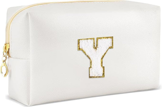 Gifts for Girls Initial Makeup Bag Personalized Cosmetic Bag with Zipper Cute Travel Toiletry Bags Waterproof PU Preppy Makeup Pouch Birthday Gift for Teen Girls Women(White Y)